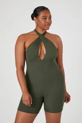 Women's Ribbed Knit Halter Romper in Olive, 3X