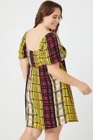 Women's Plaid Puff-Sleeve Mini Dress in Yellow, 1X