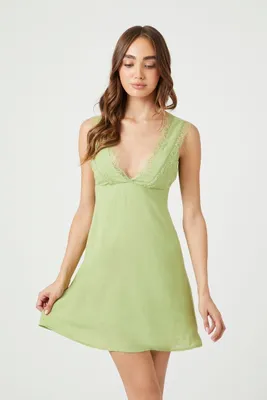 Women's Jacquard Lace-Trim Mini Dress in Sage, XL