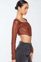 Women's Crochet Lace Long-Sleeve Crop Top in Brown Large