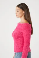 Women's Fuzzy Knit Off-the-Shoulder Sweater in Fuchsia Large