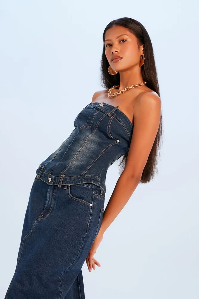 Women's Button-Front Denim Tube Top in Dark Denim Small