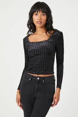 Women's Velvet Houndstooth Crop Top in Black Small