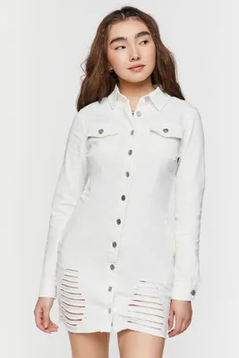 Women's Distressed Denim Mini Shirt Dress in White Small