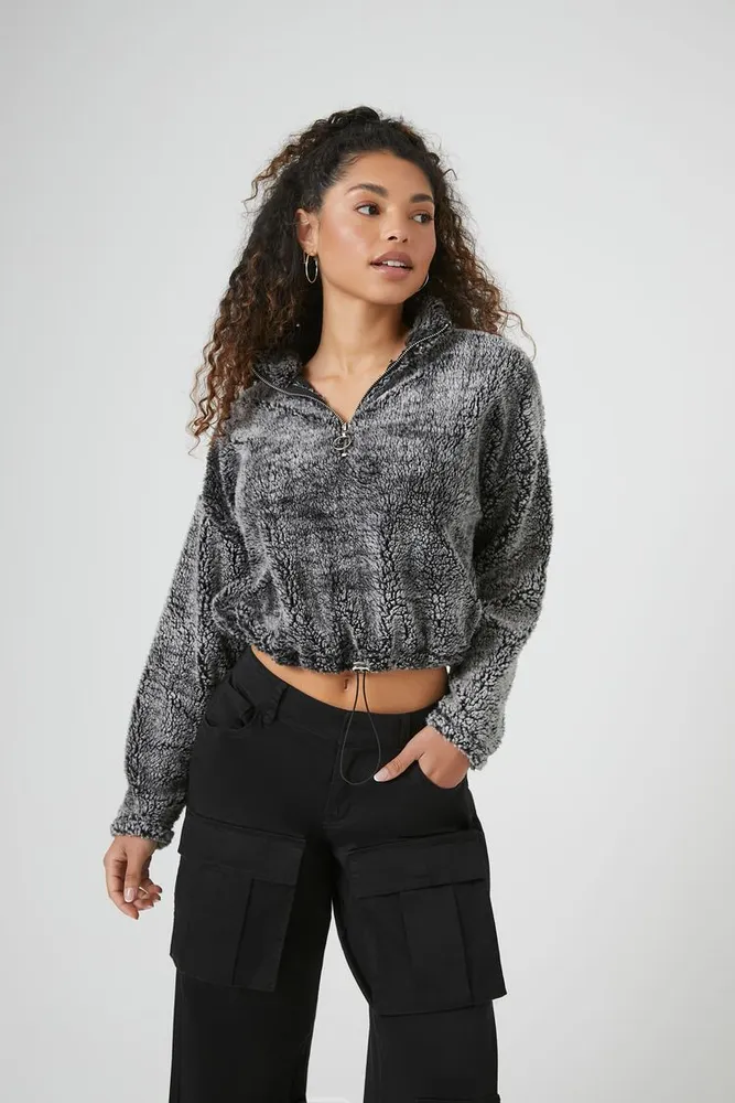 Women's Cropped Faux Shearling Half-Zip Pullover in Charcoal Large