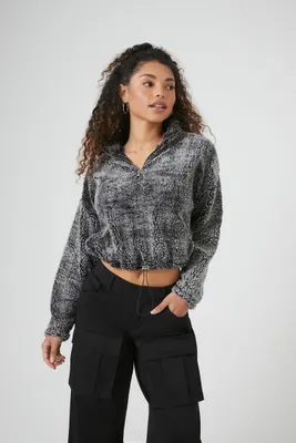 Women's Cropped Faux Shearling Half-Zip Pullover in Charcoal Small