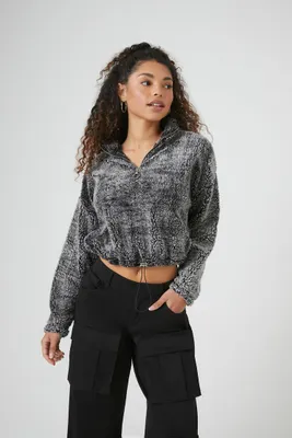 Women's Cropped Faux Shearling Half-Zip Pullover in Charcoal Large