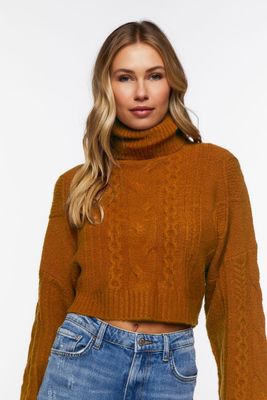 Women's Cropped Cable Knit Turtleneck Sweater in Brown Medium