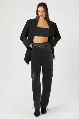 Women's Faux Leather Cargo Pants in Black, XS