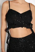 Women's Sequin Cropped Cami & Pants Set in Black Large