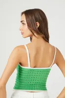 Women's Sweater-Knit Contrast-Trim Cropped Cami in Green Small