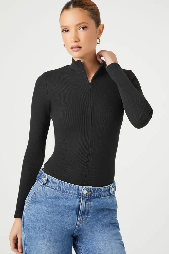Forever 21 Women's Zip-Up Funnel Neck Bodysuit in Black, XL