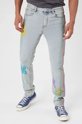 Men Flower Graphic Slim Jeans in Light Denim, 32