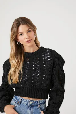 Women's Open-Knit Cropped Sweater in Black Small