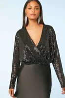 Women's Sequin Surplice Crop Top in Black Small