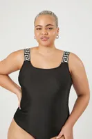 Women's Greek Key Tank Bodysuit in Black/Silver, 1X