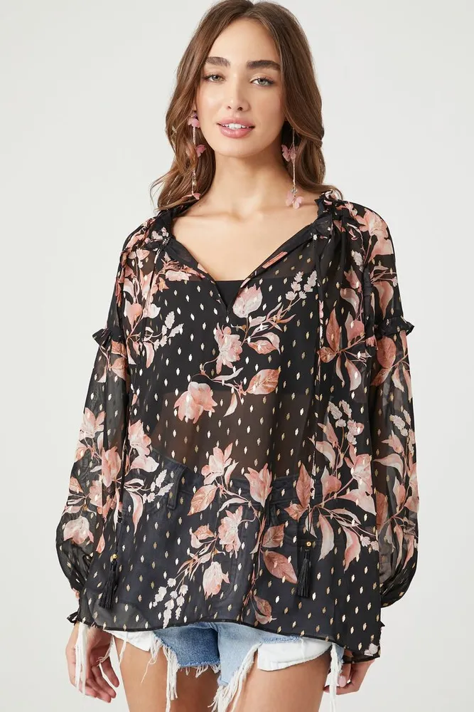 Women's Sheer Floral Print Top in Black Medium