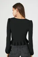 Women's Crepe Peasant-Sleeve Peplum Top in Black Medium