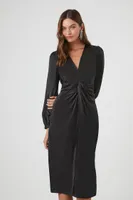 Women's Satin Twist-Front Midi Dress in Black Medium