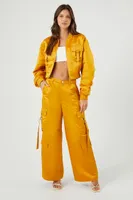 Women's Ruched Satin Cropped Bomber Jacket in Gold Small