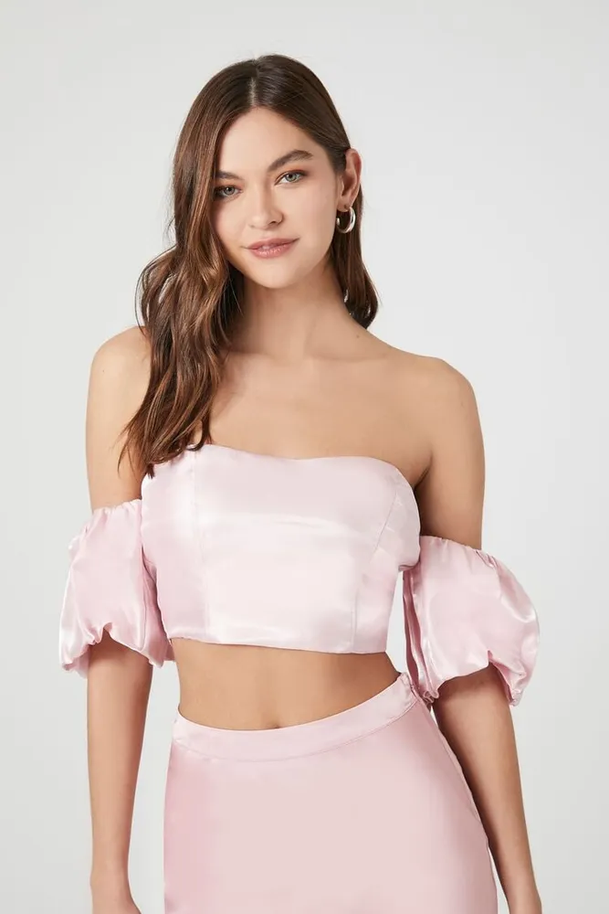 Women's Puff-Sleeve Off-the-Shoulder Crop Top Pink