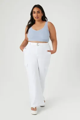 Women's Belted Wide-Leg Cargo Pants in White, 1X