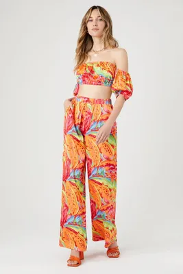 Women's Satin Tropical Leaf Print Pants