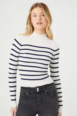 Women's Striped Mock Neck Sweater in White/Navy, XL