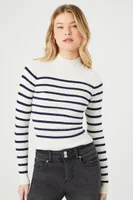 Women's Striped Mock Neck Sweater in White/Navy, XL