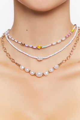 Women's Beaded Faux Pearl Necklace Set in Pink/White