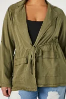 Women's Twill Tie-Waist Shacket in Olive, 1X