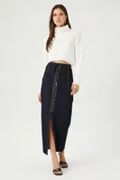 Women's Lace-Up Slit Maxi Skirt in Dark Denim, XS