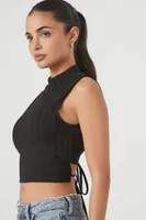 Women's Ribbed Knit Cutout Tie-Back Crop Top