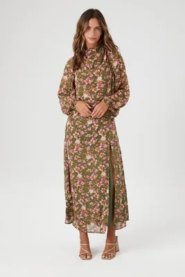 Women's Floral Print Cowl Neck Maxi Dress in Green Small