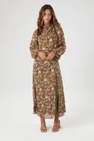 Women's Floral Print Cowl Neck Maxi Dress in Green Small