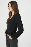 Women's Crepe Peasant-Sleeve Peplum Top in Black Medium