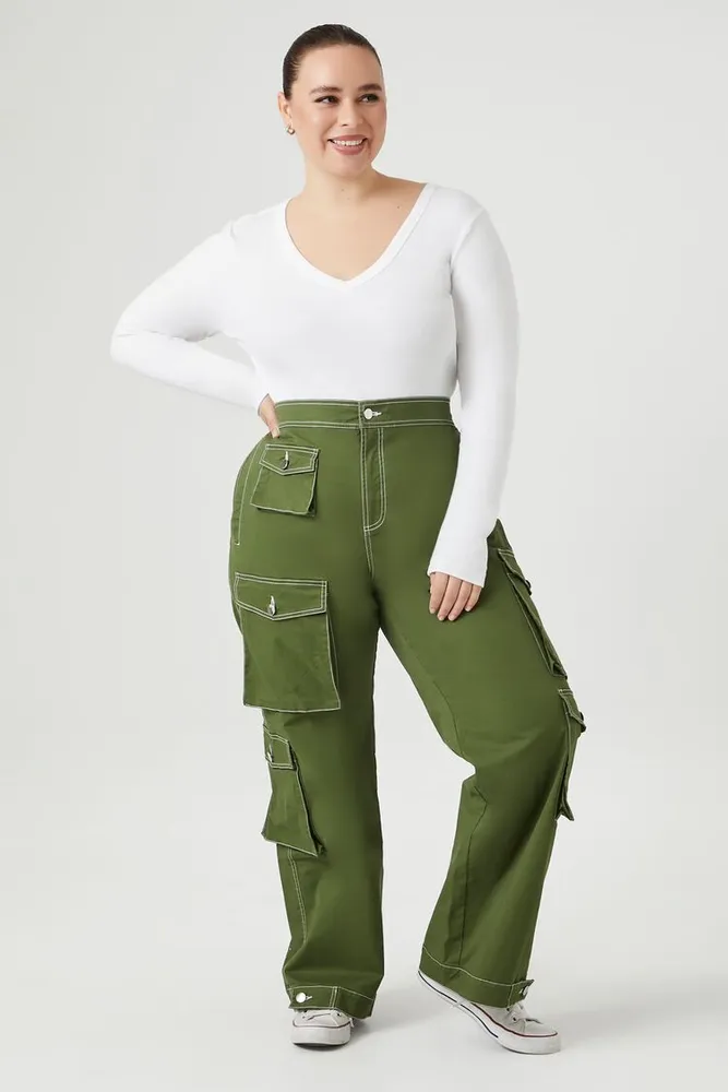 Women's Twill Wide-Leg Cargo Pants in Olive, 2X