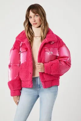 Women's Faux Shearling Puffer Jacket in Pink Large