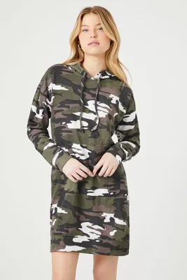 Women's Fleece Camo Print Hoodie Dress in Olive Large