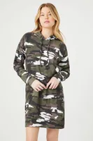 Women's Fleece Camo Print Hoodie Dress in Olive Large