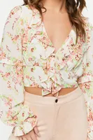 Women's Floral Ruffled Chiffon Crop Top in Cream Small