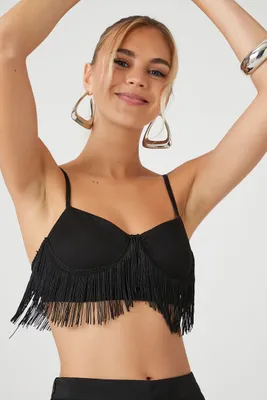 Women's Ponte Knit Fringe Cropped Cami in Black Medium