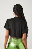 Women's Rhinestone Fringe Cropped T-Shirt in Black Large