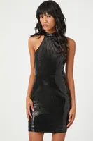 Women's Sequin Halter Mini Dress in Black, XL