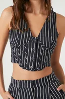 Women's Striped Button-Front Crop Top in Navy/White Large