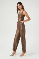 Women's Faux Leather Sleeveless Jumpsuit in Brown Small