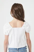 Girls Puff-Sleeve Poplin Top (Kids) in White, 13/14