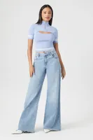 Women's Sweater-Knit Cutout Crop Top in Baby Blue/Vanilla Medium