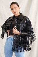 Women's Faux Leather Fringe Moto Jacket in Black Small