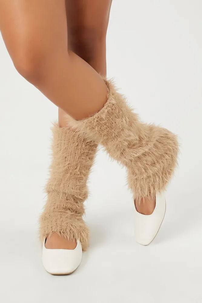 Fuzzy Knit Leg Warmers in Tan